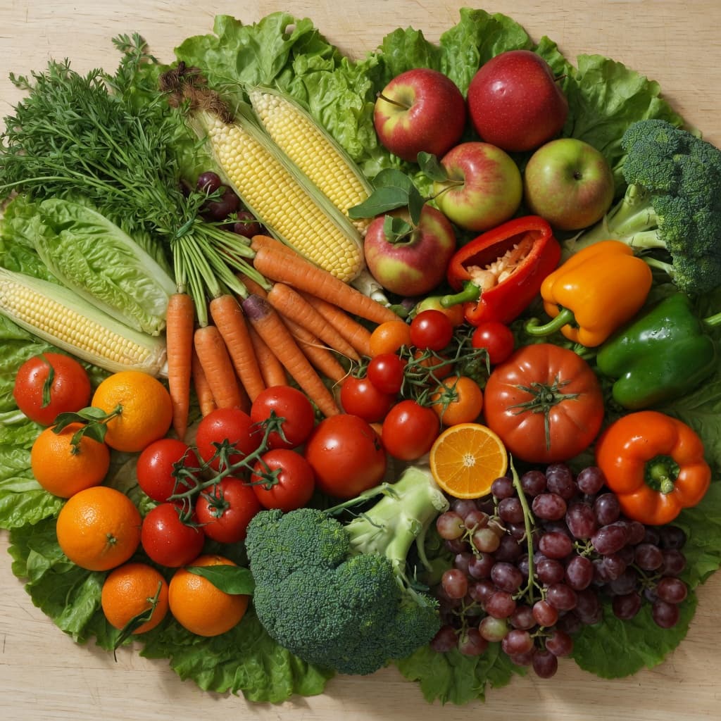 Fruta y verdura fresca de los cultivos Tierra Bella, vista cenital