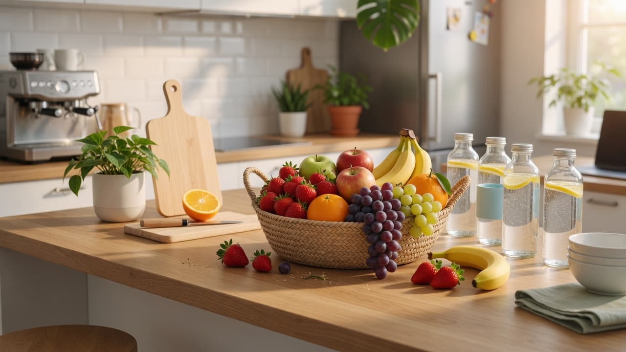 Cesta de fruta Tierra Bella en cocina de oficina: fresas, manzanas, uvas y cítricos listos para el desayuno del equipo, luz de mañana
